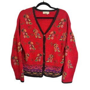 Vintage Red Silk Blend Embroidered Cardigan Sweater Sz M Floral Nordic Boho